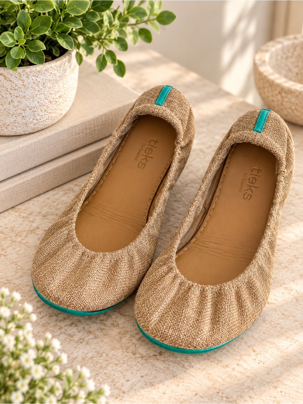 Tieks by Gavrieli Burlap Ballet Flats Tan Turquoise Size 11
